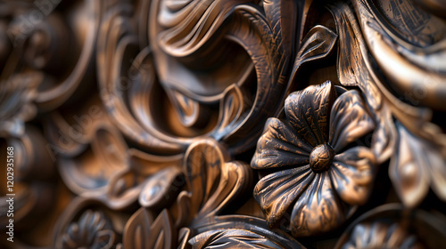 Close-up of intricate wooden carving with floral designs photo