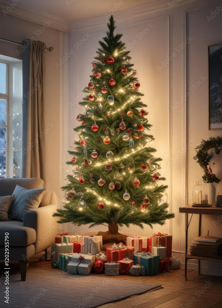 Christmas tree decorated with ornaments and fairy lights in a cozy living room, ornaments, fairy lights, warm glow