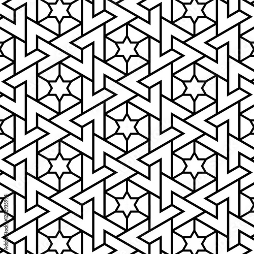 Seamless geometric pattern with interlocking stars and polygons, perfect for tiles, textiles, and decorative designs