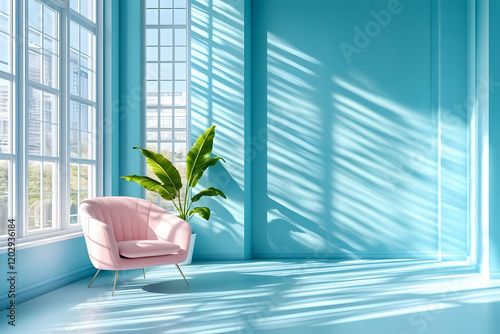Pink armchair and plant in ...