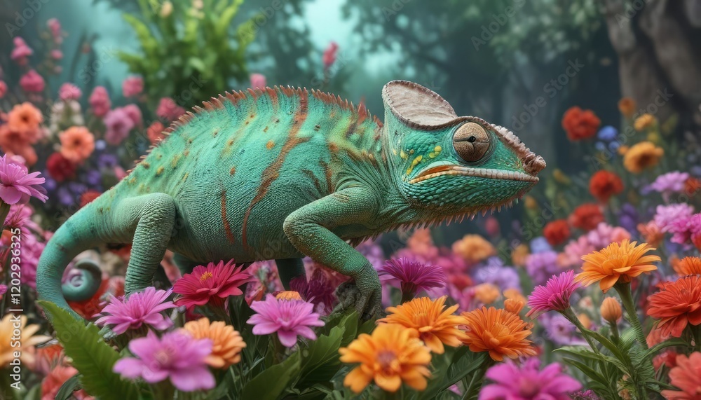 Obraz premium Chameleon changing color among colorful flowers , floral, bloom