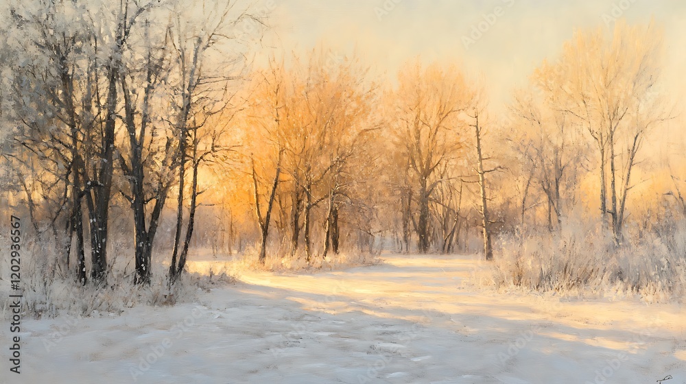Golden sunrise illuminates a snow-covered winter landscape with frost-covered trees and a path. Golden sunrise illuminates a snow-covered winter landscape with frost-covered trees and a path.