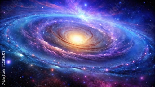 Celestial scene depicting a majestic spiral galaxy with vibrant purple and blue hues, astronomy, planets, cosmic rays, galaxies, stargazing