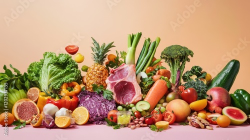 A creative scene of a flexitarian diet, featuring a mix of plant-based and occasional meat dishes, emphasizing flexibility and balanced nutrition