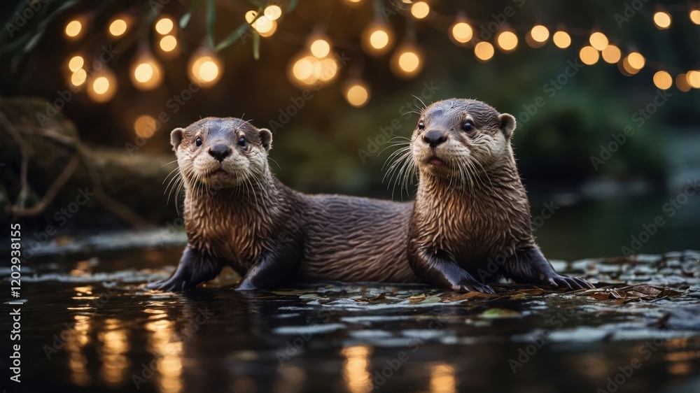 Fototapeta premium Two otters lounging by a serene water body illuminated by soft, glowing lights.