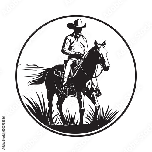 Rodeo retro logo with cowboy horse rider silhouette vector on white background.