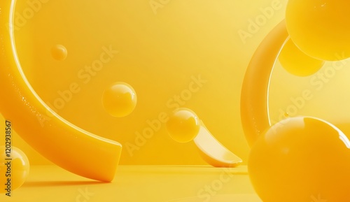 Abstract Yellow 3D Render:  Spheres and Curves in Vibrant Golden Hue photo