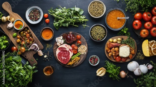 A creative scene of a flexitarian diet, featuring a mix of plant-based and occasional meat dishes, emphasizing flexibility and balanced nutrition
