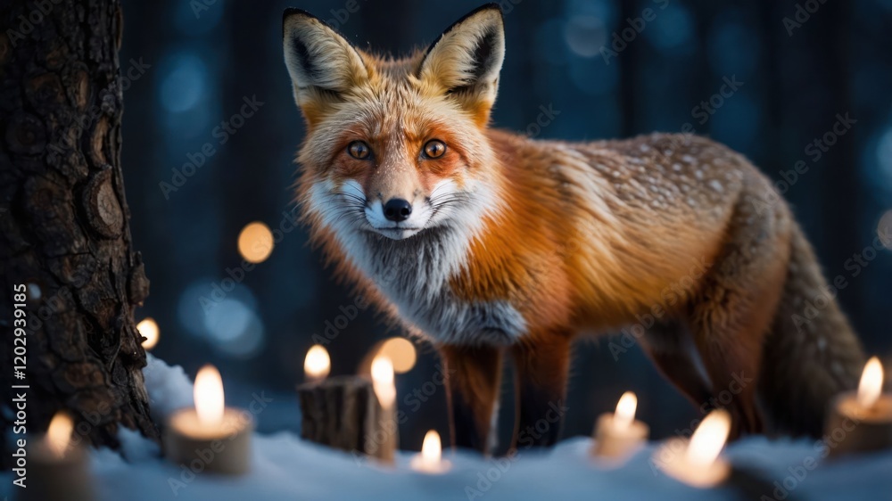 Fototapeta premium A fox stands in a snowy forest surrounded by glowing candles.