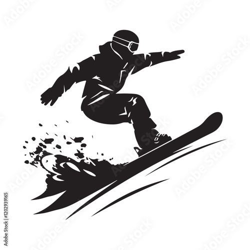 Snowboarding stylized symbol, vector silhouette, logo or emblem image vector isolated on white background.