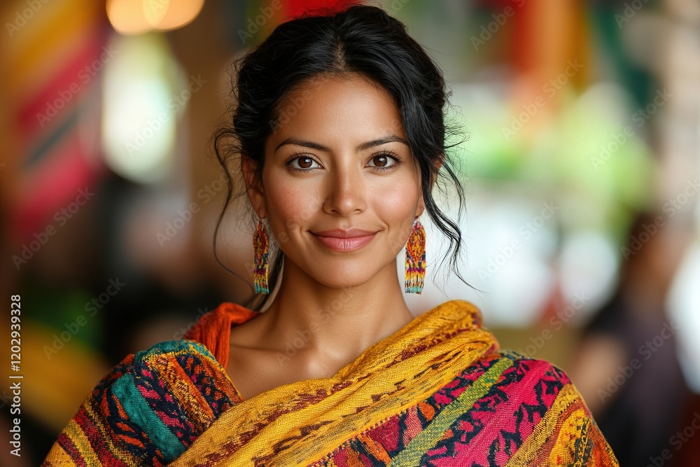 Obraz premium A woman in a colorful traditional outfit smiles warmly, showcasing cultural attire and jewelry.