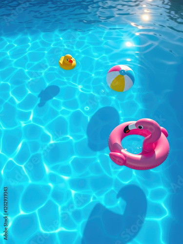 bright blue pool water with a few pool toys floating on the surface, sunbathing, floating