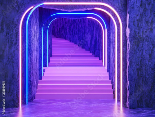 3D Render of Purple Staircase with Neon Lights Illuminates Futuristic Passage