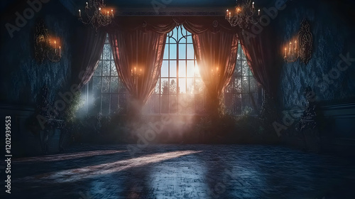 Gothic Room with Large Window and Sunset View Embraces Elegance and Mystery with Lit Candles. photo