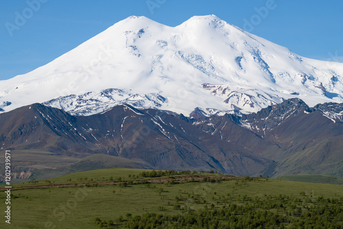 Mount Elbrus on a sunny June day. Kabardino-Balkaria, Russia