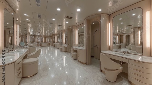 A bright luxury bathroom with radiant lighting, expansive mirrors, and fresh white accents, offering a clean and open space for ultimate relaxation and comfort.