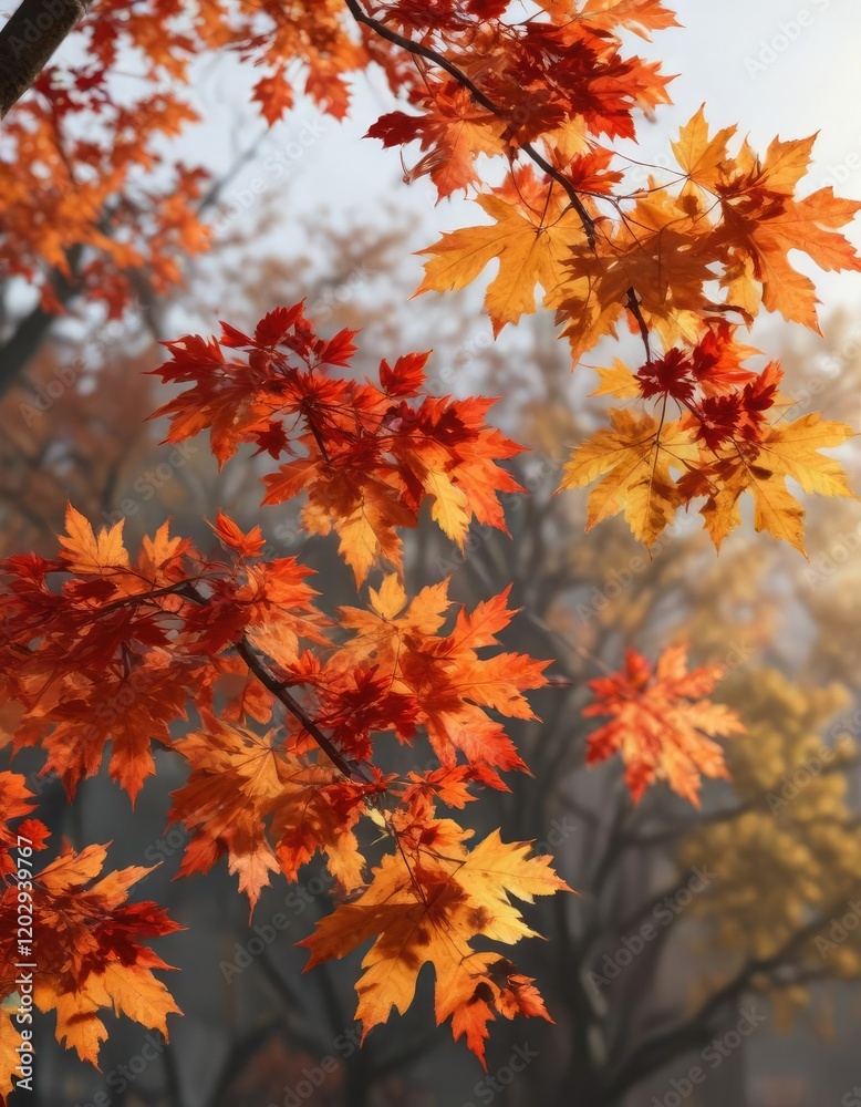 Branch of a maple tree with changing leaves in shades of orange and red, changing seasons, deciduous trees, outdoor scene Branch of a maple tree with changing leaves in shades of orange and red, changing seasons, deciduous trees, outdoor scene