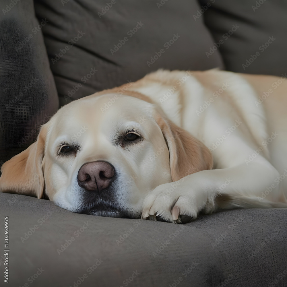 Obraz premium A Golden Labrador Retriever Rests Peacefully on a Soft, Gray Couch