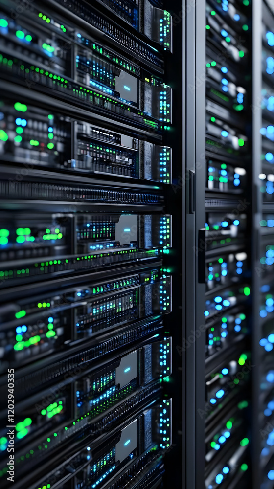 Obraz premium Server Rack Lights Blinking Showing Data Processing and Network Connectivity in Data Center