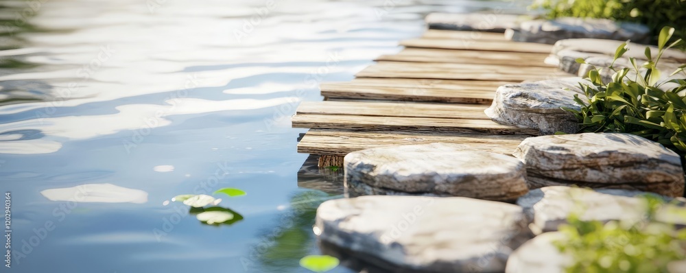 A serene wooden walkway beside a calm water body, framed by smooth stones and lush greenery, perfect for nature lovers.