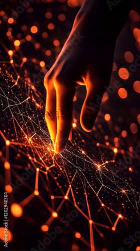 Hand touches glowing networ...