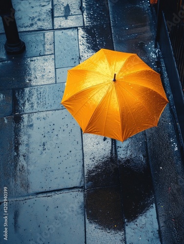 Person with orange umbrella in rain