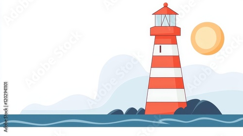 A colorful lighthouse stands majestically by the sea, guiding ships with its light under a bright sunny sky.