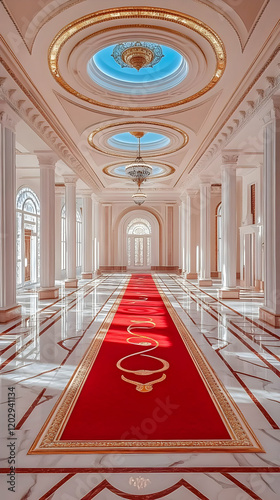 Opulent Hallway with Red Ca...