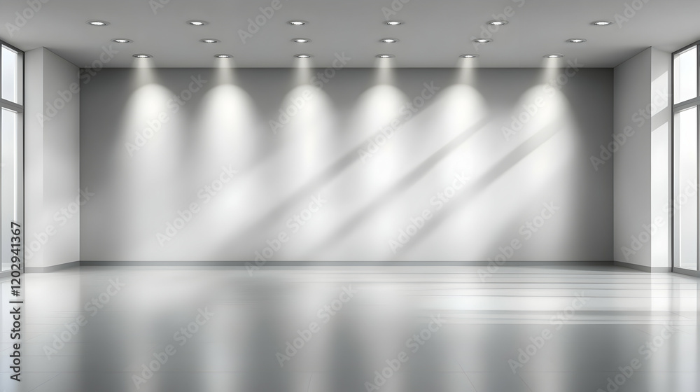Obraz premium Empty Room with Spotlights Illuminates a Blank Wall with Windows, Perfect for Presentations