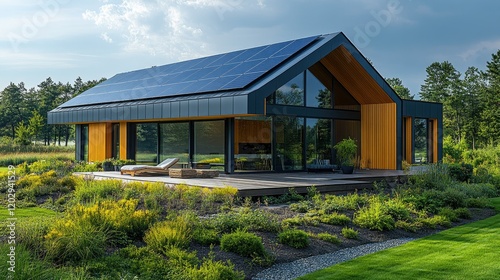 Wallpaper Mural Modern eco-friendly house with solar panels and landscaped garden. Torontodigital.ca