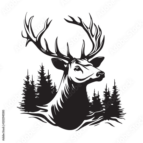 Deer Silhouette Logo Design Mountains Forest Stock Vector on white background.