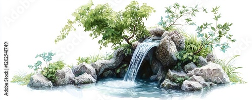 A serene waterfall cascading over rocks, surrounded by lush greenery, creating a tranquil and peaceful nature scene.
