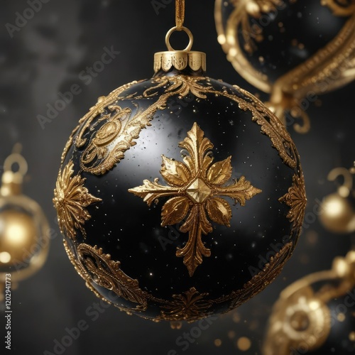 Black and gold metallic ornament with glitter, ornaments, winter, Christmas