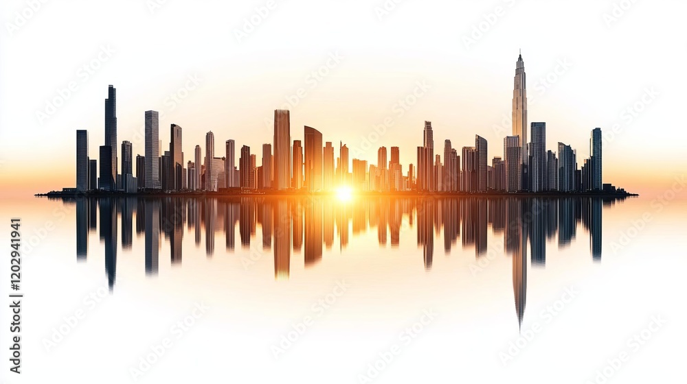 Fototapeta premium A stunning skyline silhouette at sunset, reflecting beautifully over calm water, showcasing architectural elegance and urban beauty.
