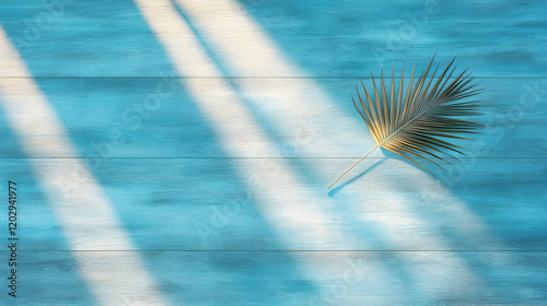 Golden Palm Leaf on Blue Wo...