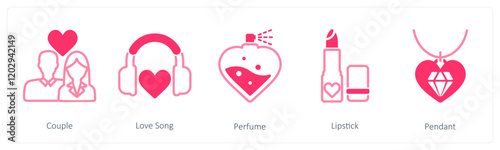A set of 5 valentine's day icons as  couple, love song, perfume