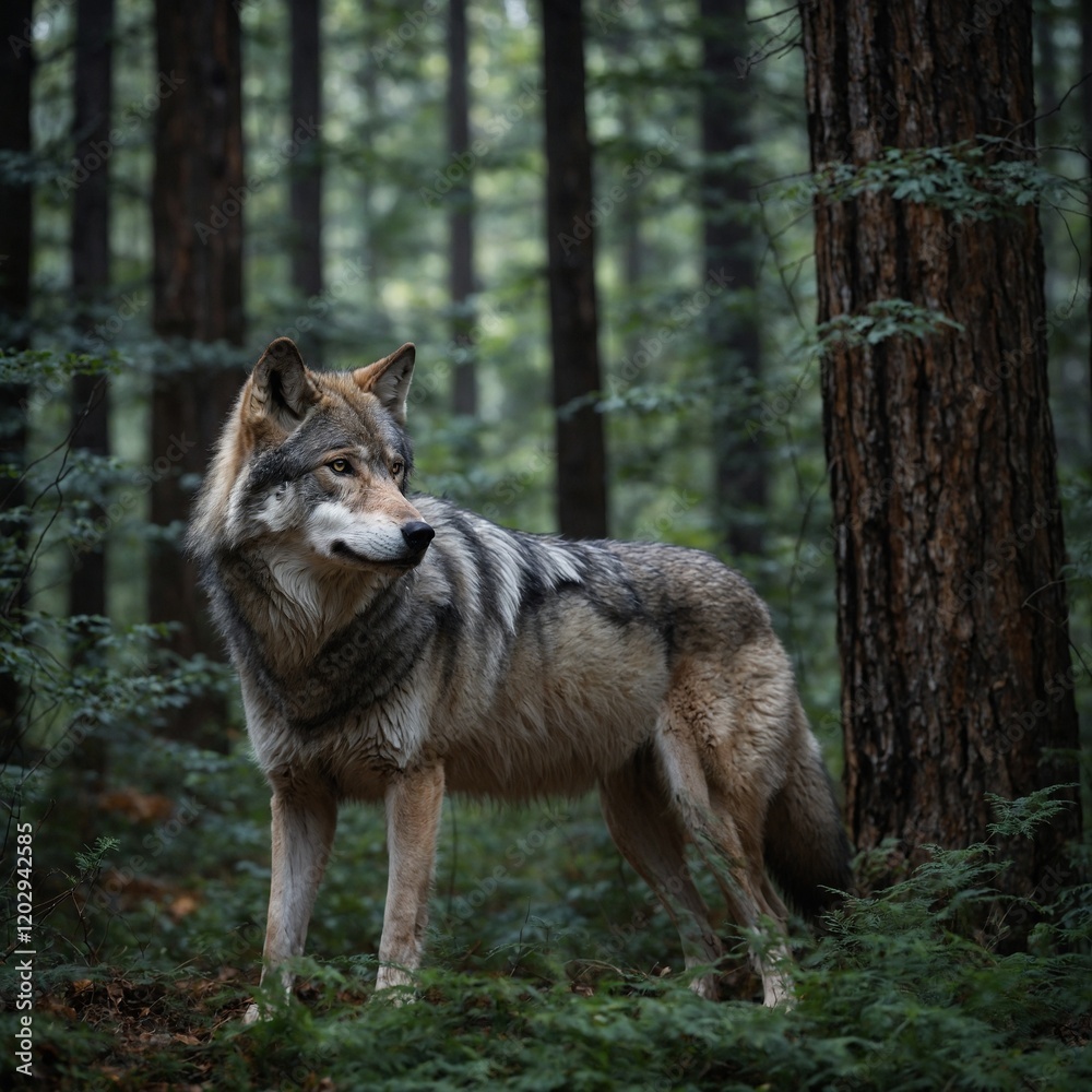 Take a side-view shot of a gray wolf in a dense forest, ensuring the photo is high-resolution, with a DSLR and a blurred background highlighting the wolf’s full body. Take a side-view shot of a gray wolf in a dense forest, ensuring the photo is high-resolution, with a DSLR and a blurred background highlighting the wolf’s full body.