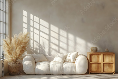 Beige sofa sits in minimali...