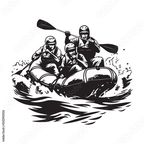 Rafting Team image vector. Group People Whitewater Rafting Stock Illustration isolated on white background.