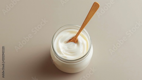 Glass jar of Greek yogurt with a thin wooden spoon in it