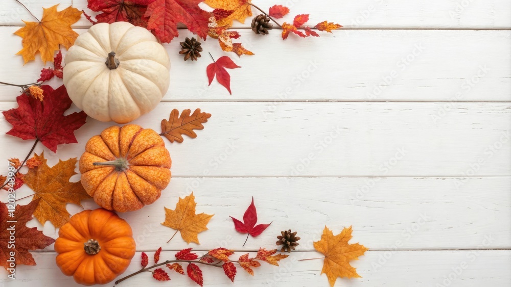 Fototapeta premium autumn landscape with pumpkins and maple leaves on a white wooden background, pumpkin patch, autumn colors