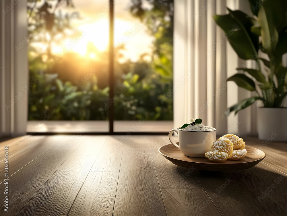 Obraz premium Morning Coffee and Cookies on Wooden Table with Blurred Sunset View Background Peacefully.