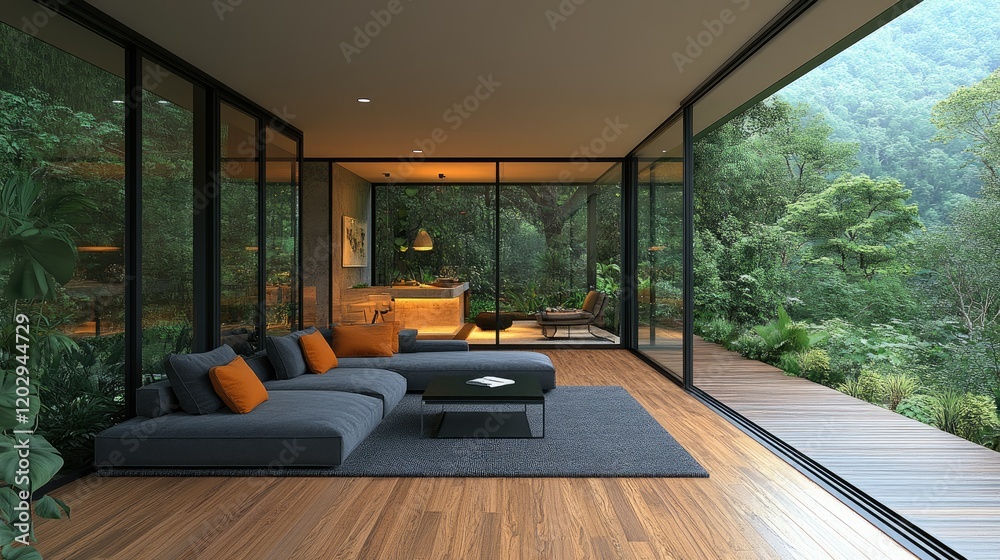 Modern living room with large windows overlooking a lush green landscape. Modern living room with large windows overlooking a lush green landscape.
