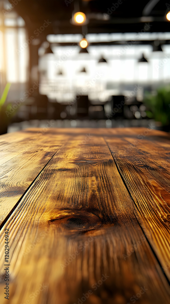 Empty Wooden Table Top with Blurred Cafe Background for Product Placement or Display Empty Wooden Table Top with Blurred Cafe Background for Product Placement or Display