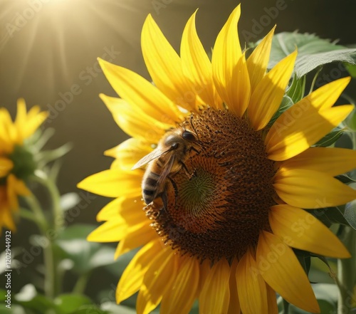 Apis mellifera collecting nectar from a bright yellow sunflower, summer flowers, yellow flowers photo