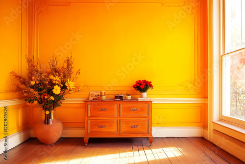Sunlit Room with Orange Wal...