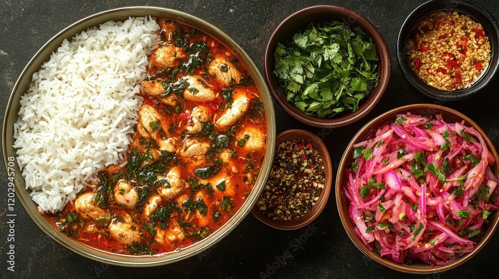 Aromatic Chicken Curry with Steamed Rice and Pickled Onions Aromatic Chicken Curry with Steamed Rice and Pickled Onions