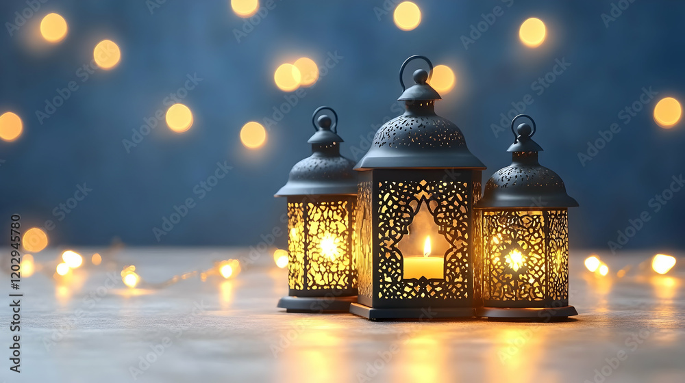 Festive lanterns glow, bokeh background, table setting Festive lanterns glow, bokeh background, table setting
