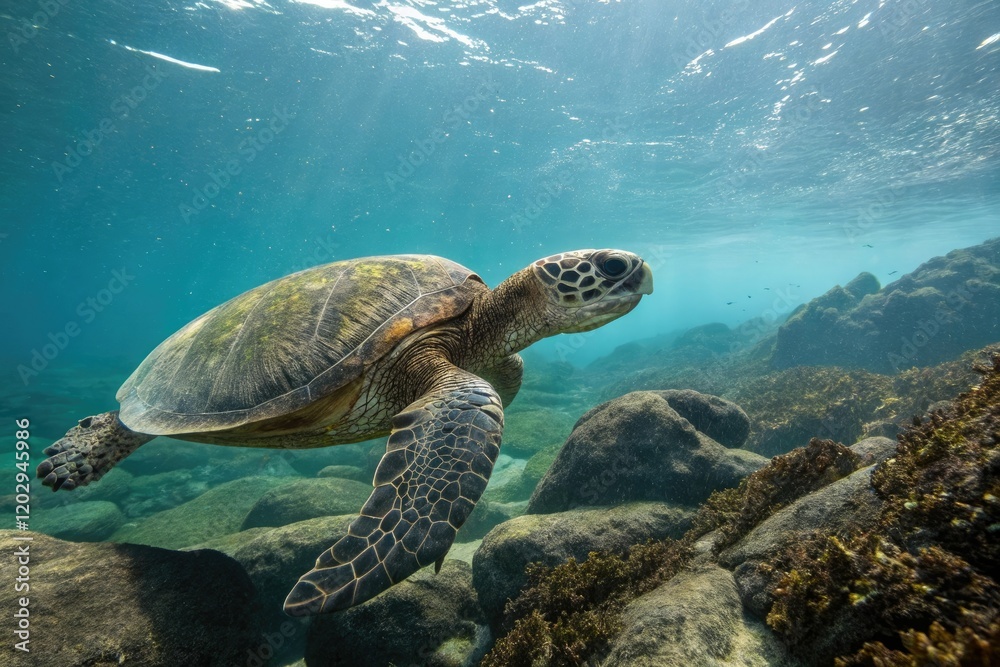 Fototapeta premium Ancient sea turtle species megalochelys in a rocky sea, ancient wildlife, megalochelys, fossil record, coastal geology
