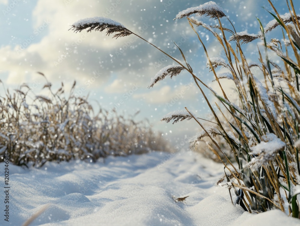 Fototapeta premium Snowy Field with Tall Grass